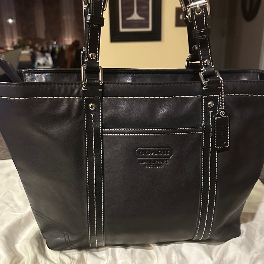 Coach Black Leather Tote with White Contrast Stitching F13098